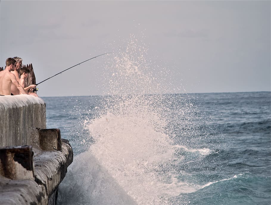 fishing, dock, pier, splash, water, ocean, sea, motion, horizon over water HD wallpaper