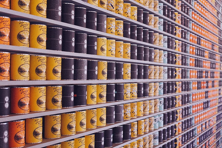 black and orange tin can lot, file, canned food, cans, supermarket, HD wallpaper