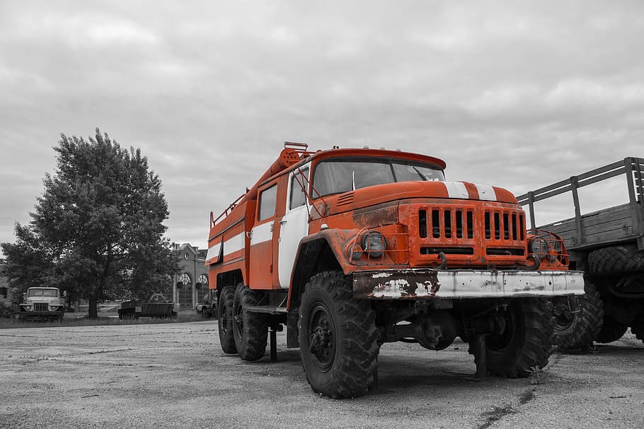 color, red, sky, clouds, fire truck, zil, ural, black and white HD wallpaper