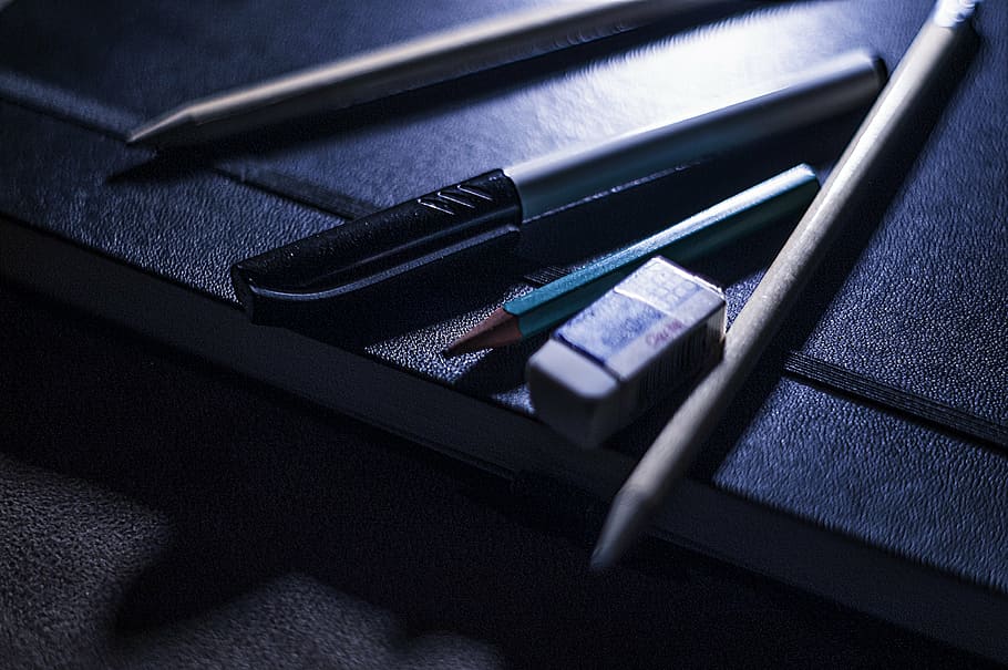 assorted pens, pencil, eraser, creative, notepad, drawing, tools HD wallpaper