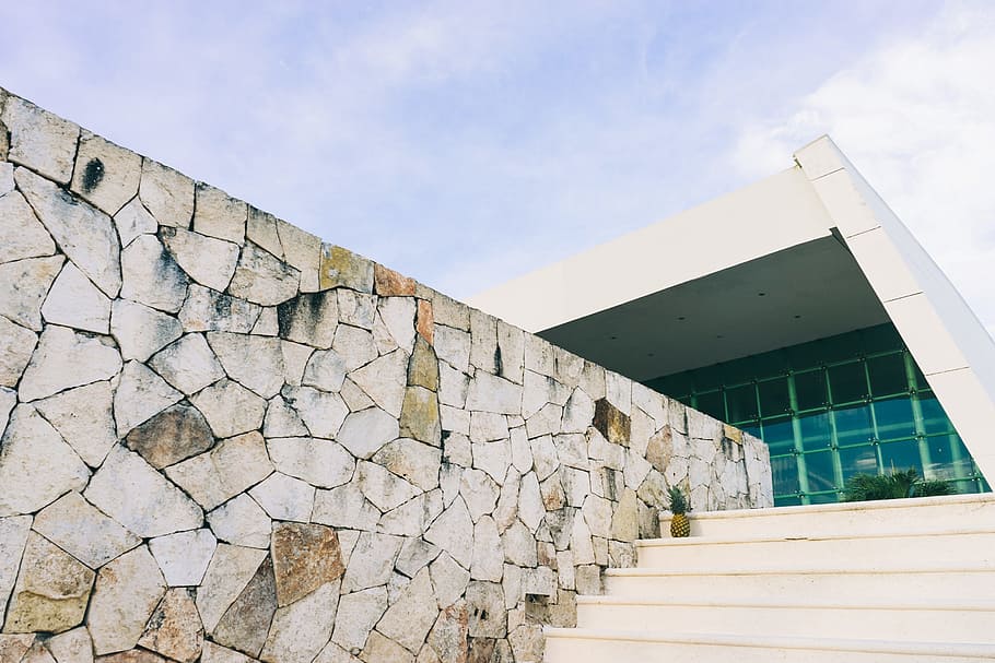 stairs, sky, clouds, rocks, architecture, cement, concrete, exterior HD wallpaper