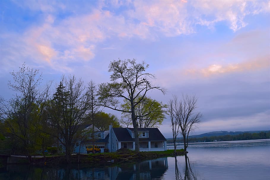 Lake, Reflection, Tree, House, Sky, clouds, nature, water, landscape HD wallpaper