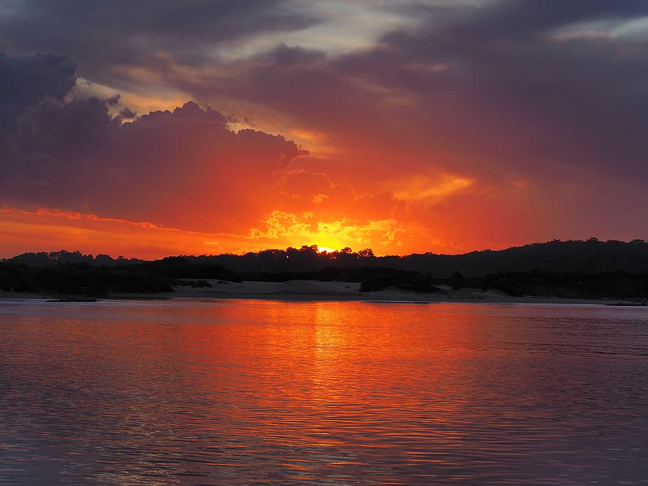 Sunset, Sun, Red, Red, Orange, Yellow, Clouds, sky, water, lakes entrance HD wallpaper