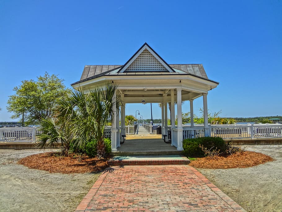 Gazebo, Dock, River, Water, Pier, landscape, outdoor, summer HD wallpaper