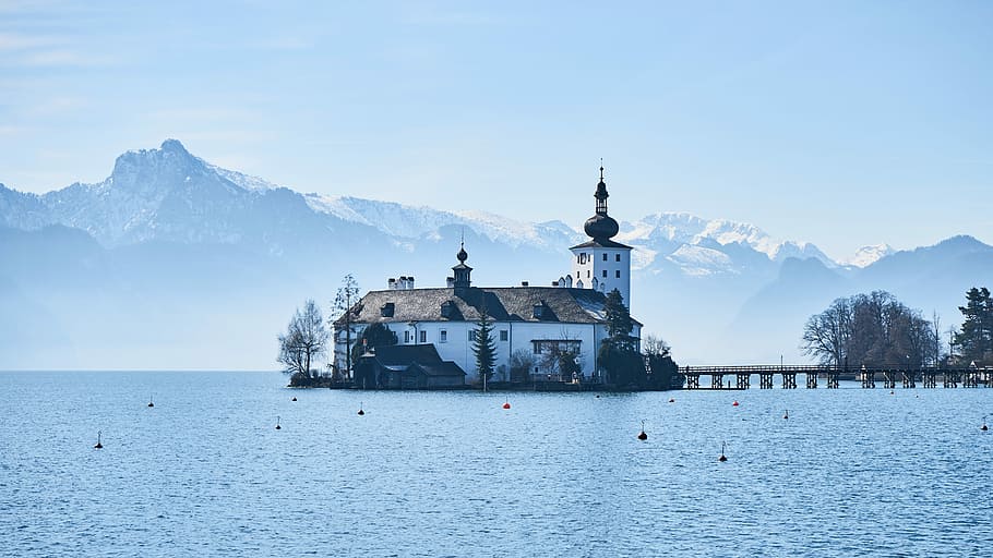 white and brown castle surrounded by water under blue sky during daytime, HD wallpaper