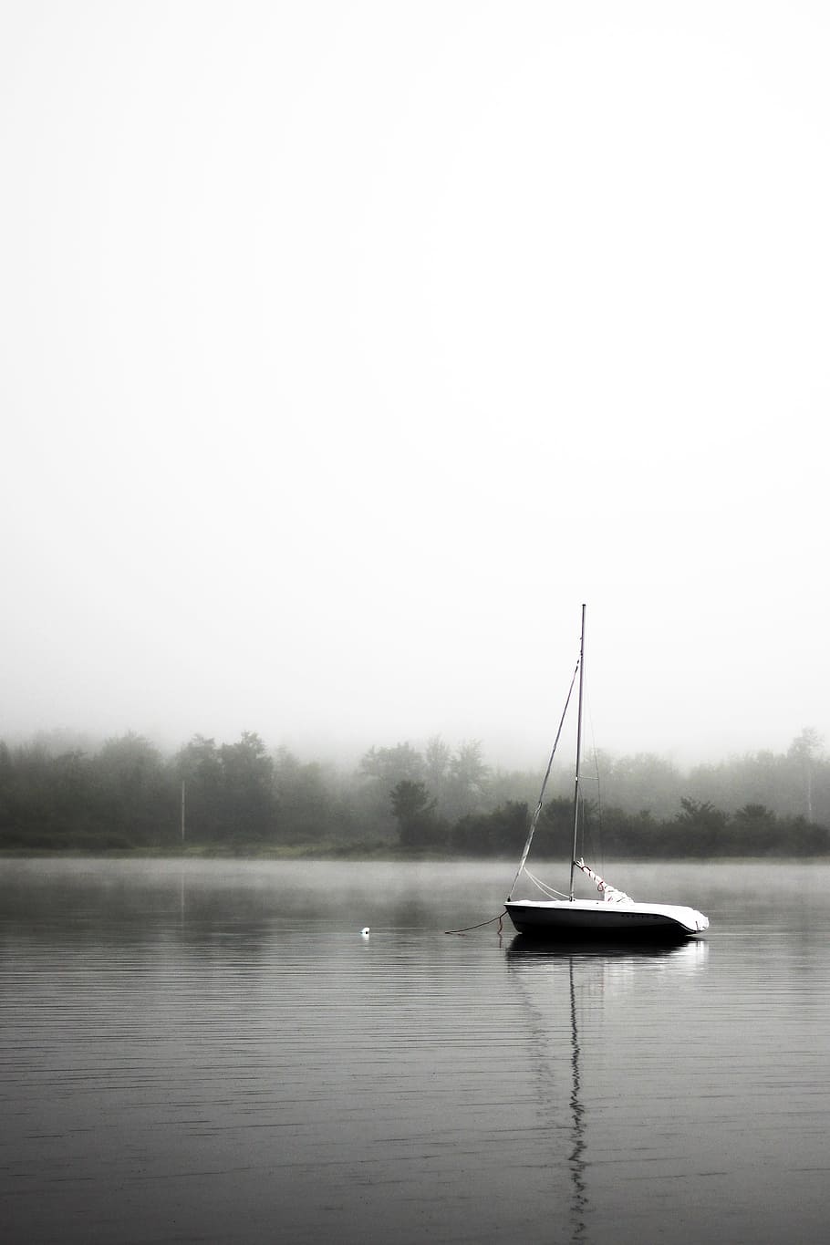 black and white boat on lake, sail boat on lake during fog, sailboat HD wallpaper
