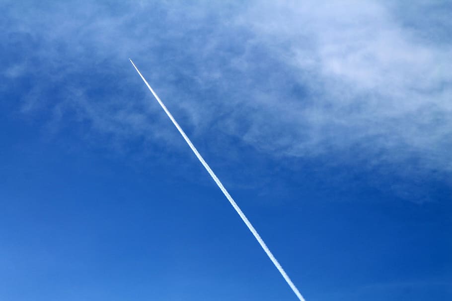 blue, cloud, wake, plane, white, air, high, clouds, spring HD wallpaper