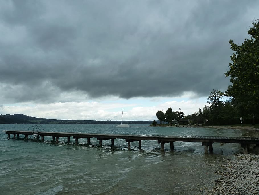 web, lake, clouds, water, nature, boardwalk, landscape, cloudiness HD wallpaper