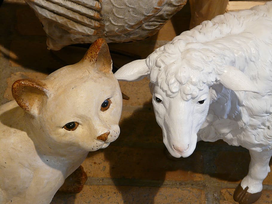 Cat, Sheep, Figures, Stone, stone figures, animals, creature HD wallpaper