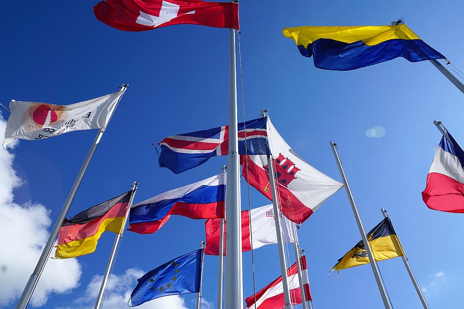 country flags at flag poles, europe, switzerland, european, international, HD wallpaper