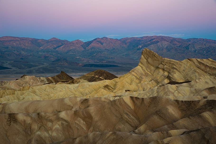 landscape photography of mountains, view of brown mountain under blue sky HD wallpaper