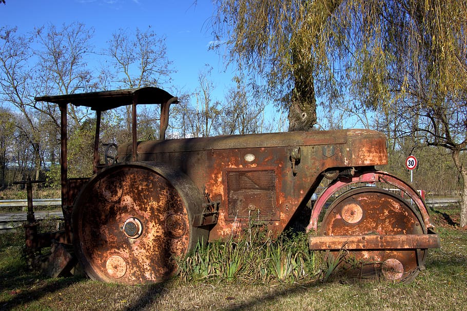steamroller, asphalt, rusty, old, tree, plant, abandoned, land HD wallpaper
