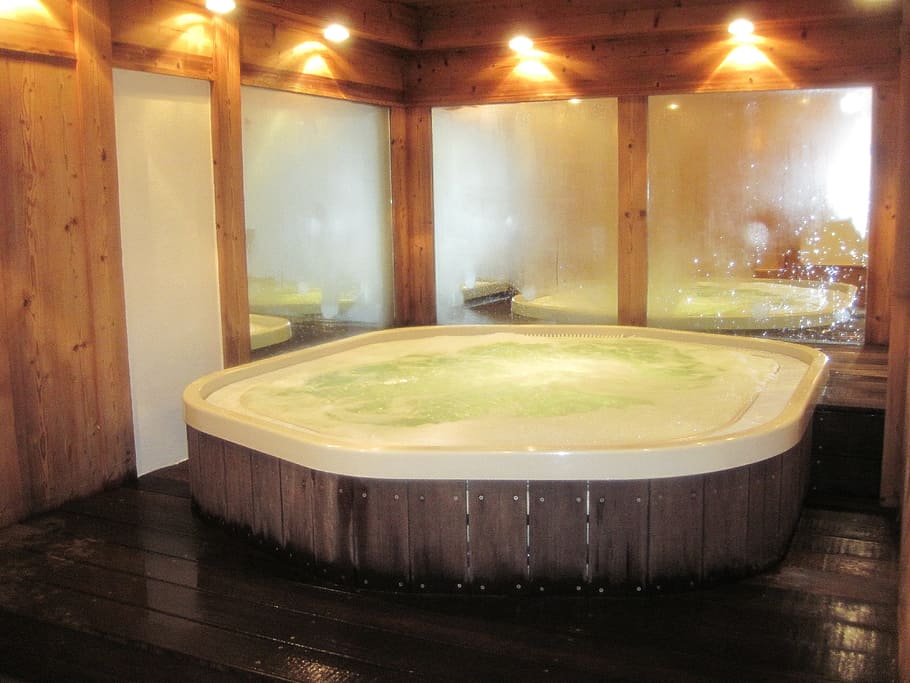 white hot tub with brown wooden frame, bath, bathtub, bubble