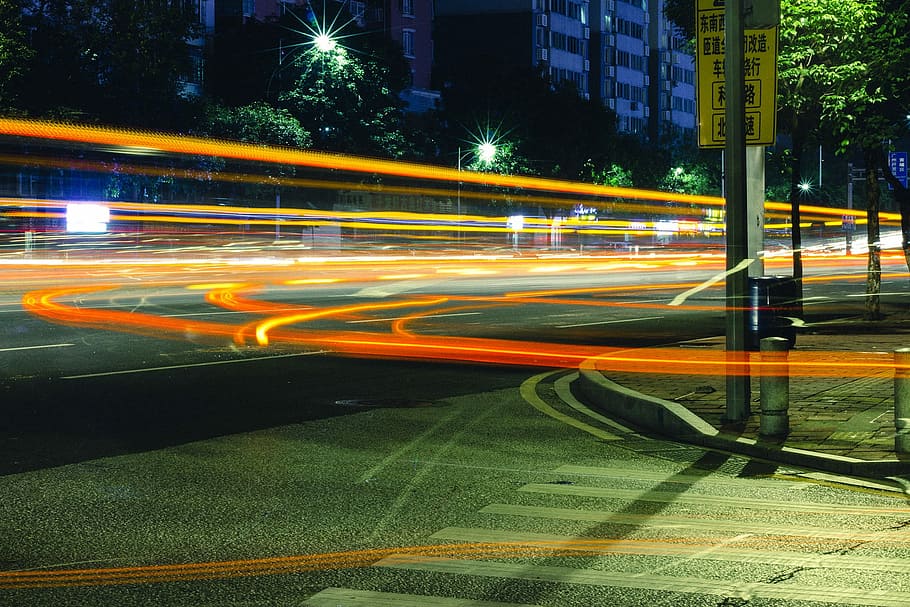 Delay, Evening, Street, speed, light trail, long exposure, night HD wallpaper