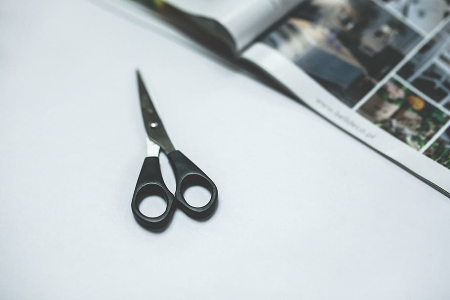black handled scissor on table, scissors, cut, crop, desk, work HD wallpaper