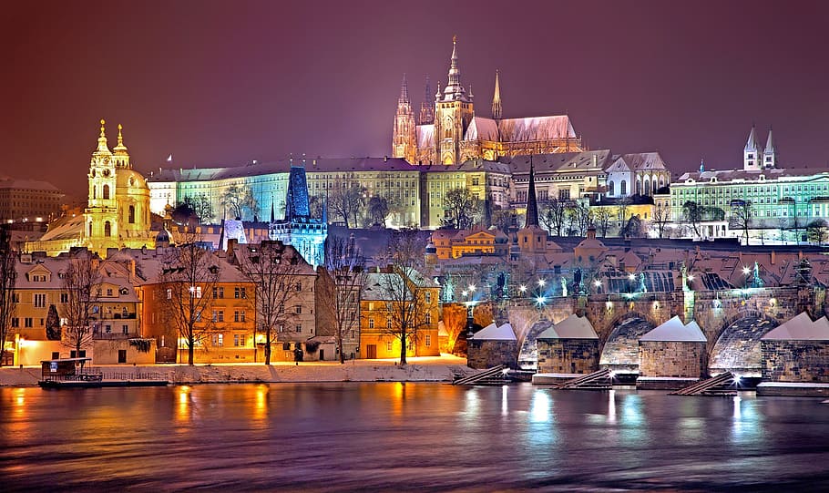 house and cathedral painting, prague, winter, night, snow, prague castle