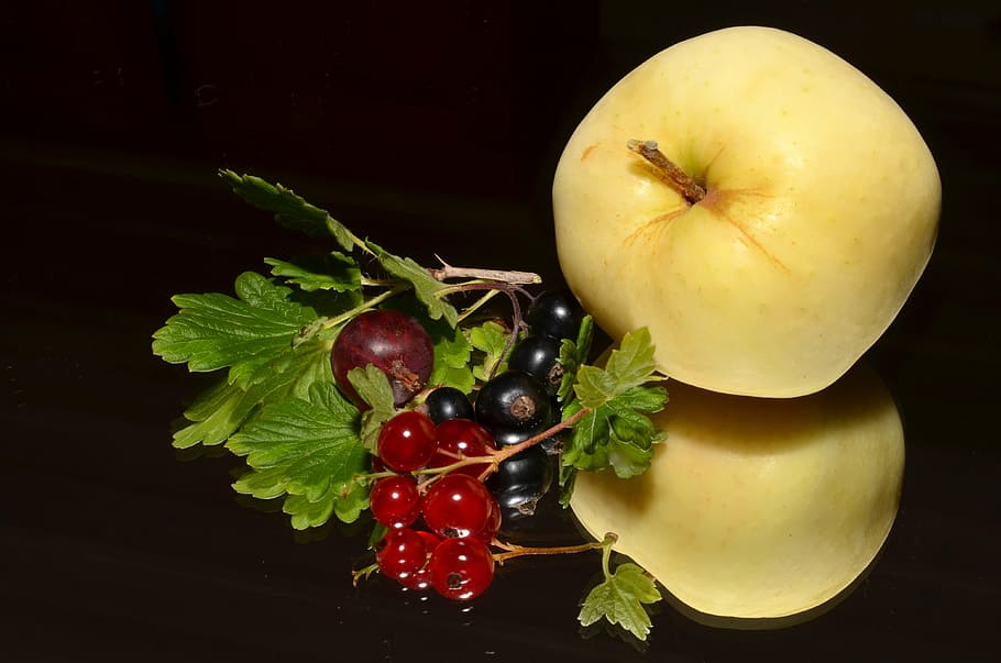 two yellow apples beside cherries, red currant, blackcurrant HD wallpaper