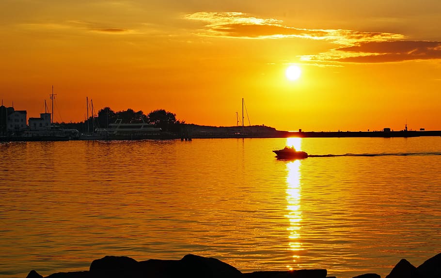 sunset, baltic sea, warnemünde, sky, water, orange color, reflection HD wallpaper