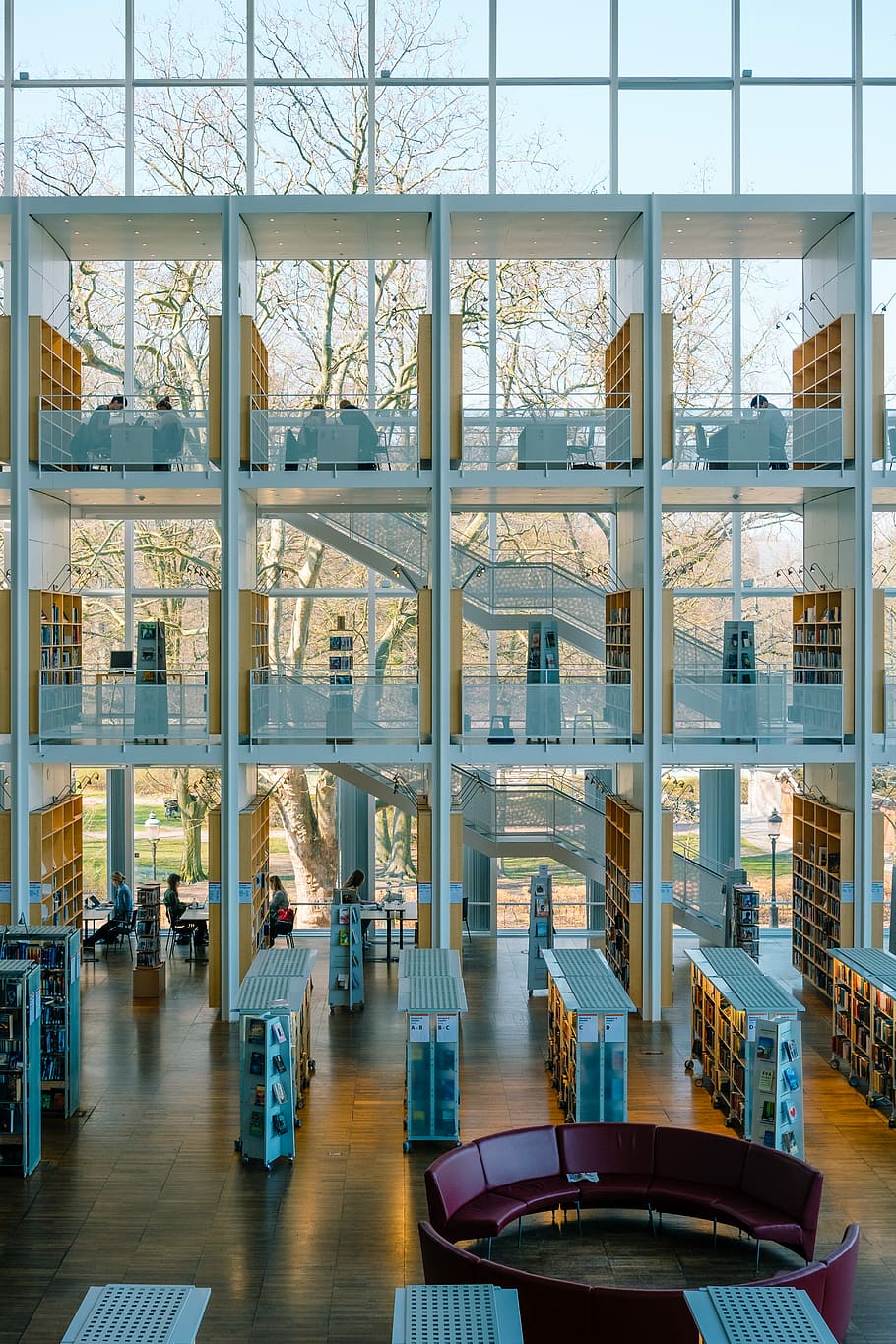 curtain wall building interior, photo of building interior, library HD wallpaper