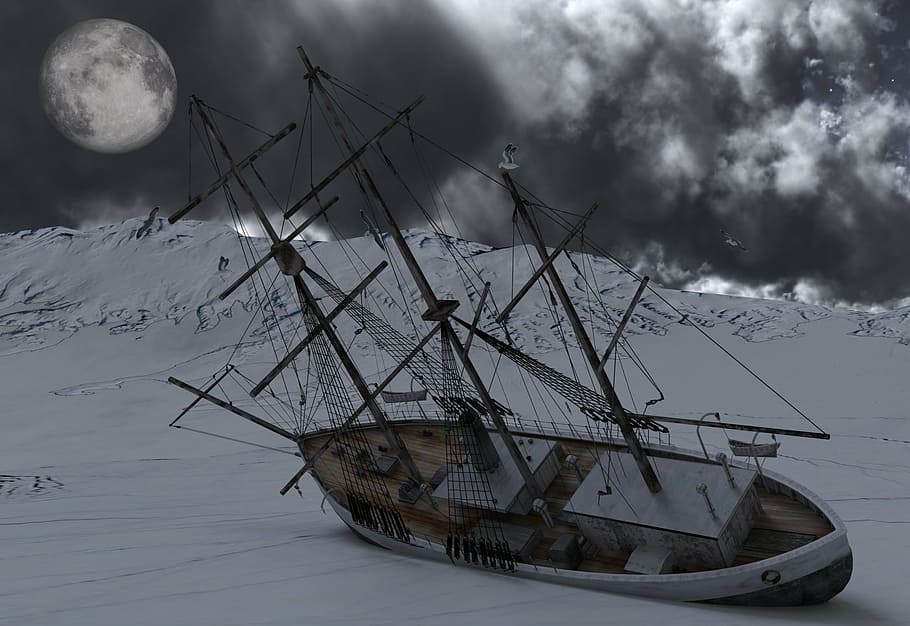 brown and gray galleon shin on snow near snow cap mountain under full moon, HD wallpaper