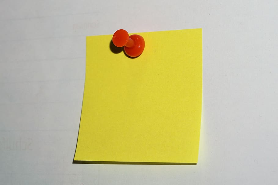 yellow sticky note and red push pin, post it, office, list, memo