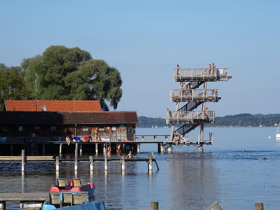 ammersee, utting, strandbad, sprungturm, water, architecture