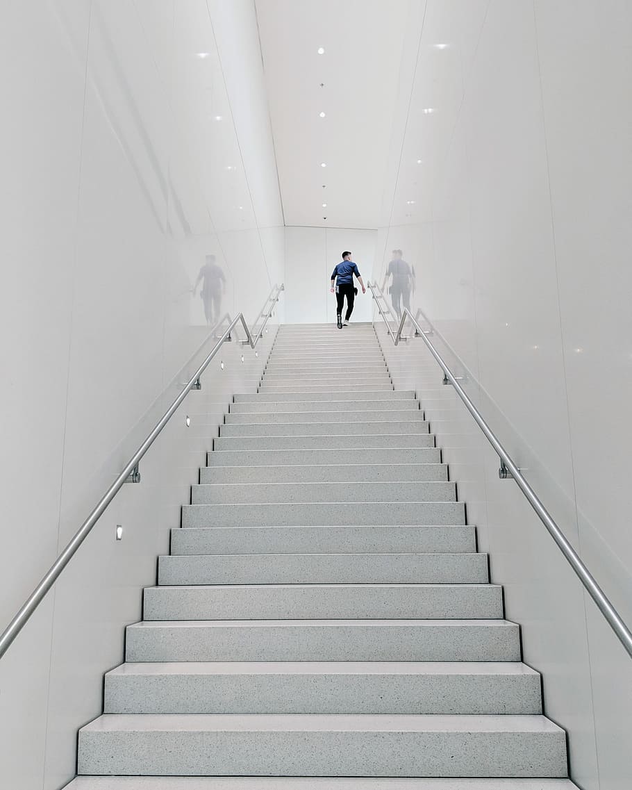 person climbing stairs, man walking on stair, minimal, staircase HD wallpaper