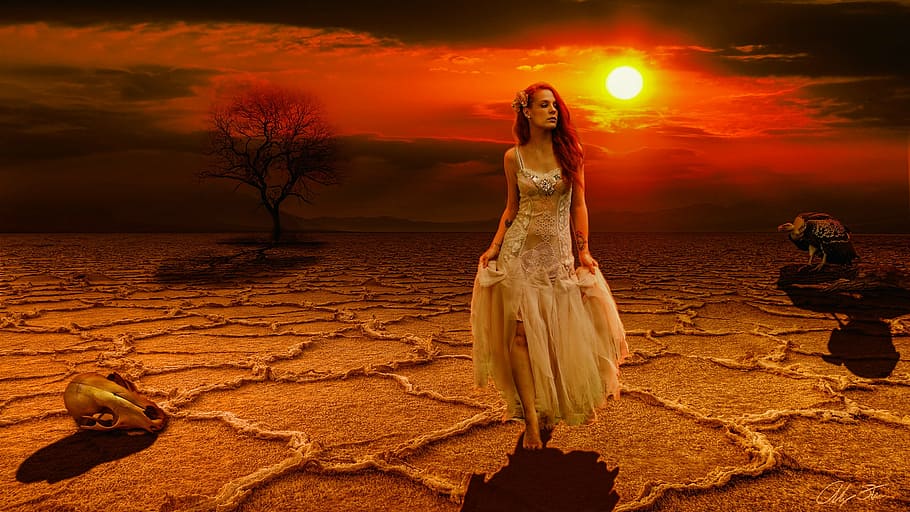 woman wearing white sleeveless dress, drought, sunset, model HD wallpaper