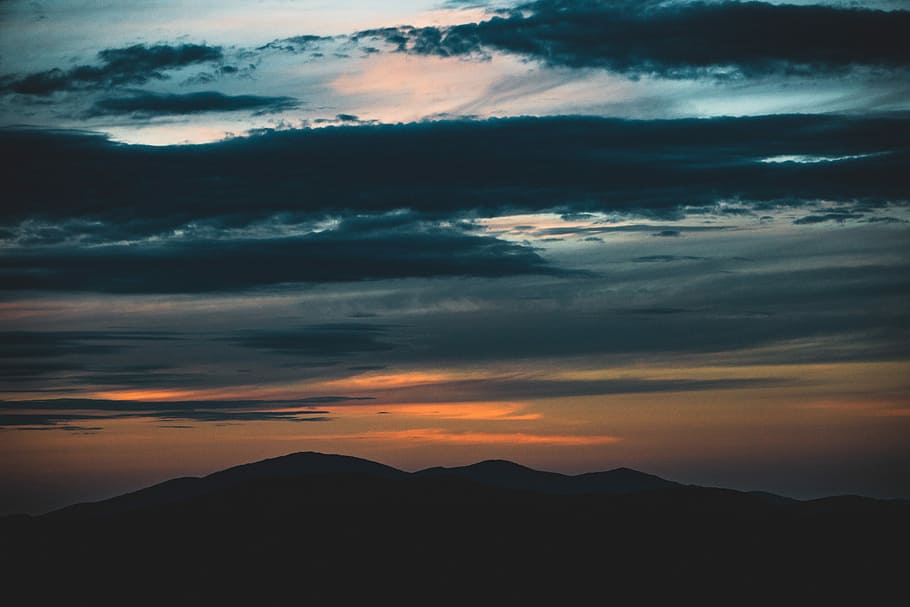 mountains under cloudy sky, cloudscape, dark, landscape, orange HD wallpaper
