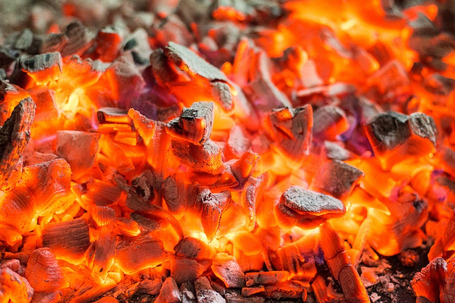Red Burning Live Coals Campfire, fireplace, flames, hot, fire - Natural Phenomenon