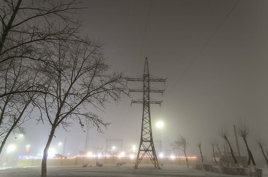lep, electricity, mist, power, night, sky, winter, december HD wallpaper