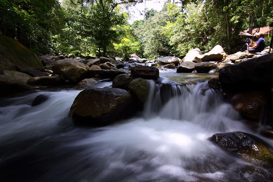 landscape, nature, people, water, boulders, cascade, creek, environment HD wallpaper
