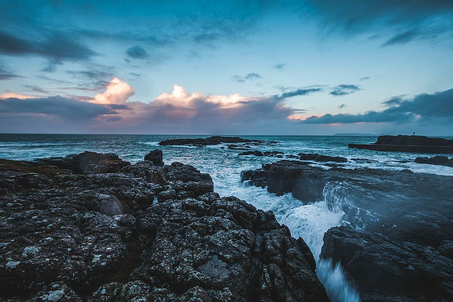 gray rock formation near sea during daytime, sea wave with rocks nature photography HD wallpaper