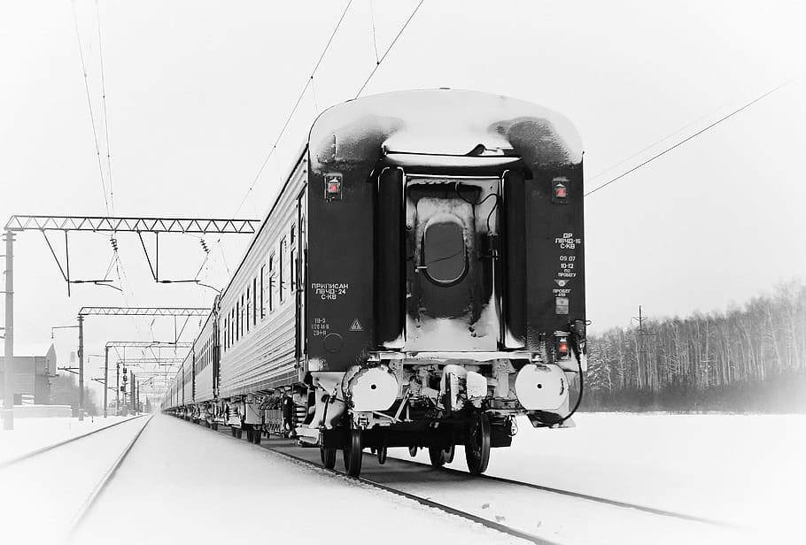 greyscale photo of train, winter, railway, railroad Track, transportation HD wallpaper