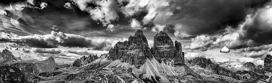 grayscale photo of mountain, rock, sky, cloud, cloud - sky, panoramic HD wallpaper