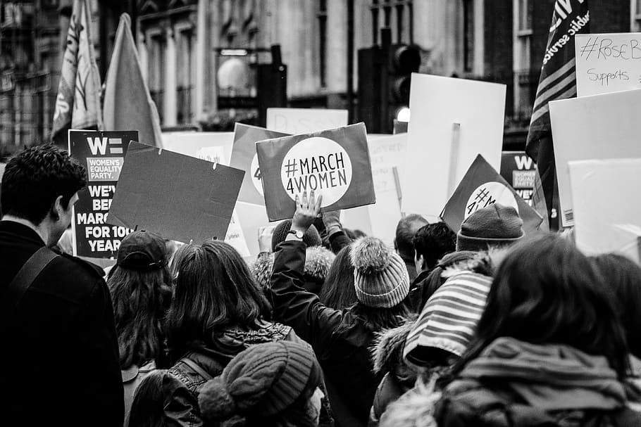 grayscale photo of group of people performing rally on street, grayscale photography of group of people protesting while holding banner HD wallpaper