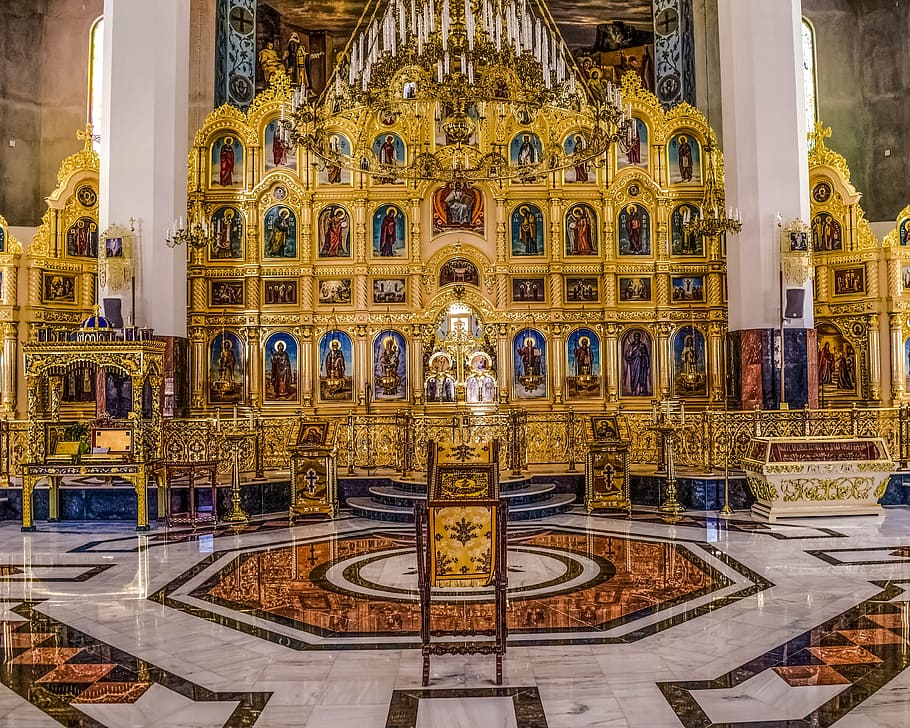 tamassos bishop, russian church, icon screen, golden, interior, HD wallpaper