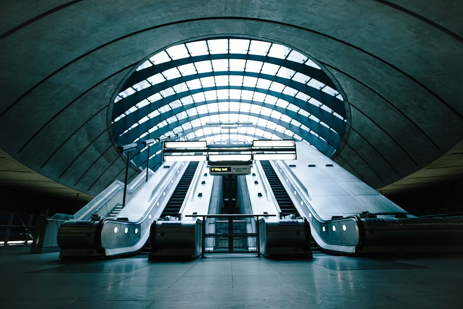 escalator, building, structure, entrance, exit, stairways, steel HD wallpaper