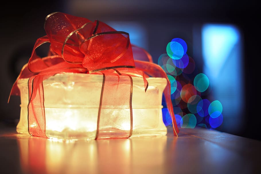 red, ribbon, gift, light, bokeh, blur, indoors, illuminated HD wallpaper