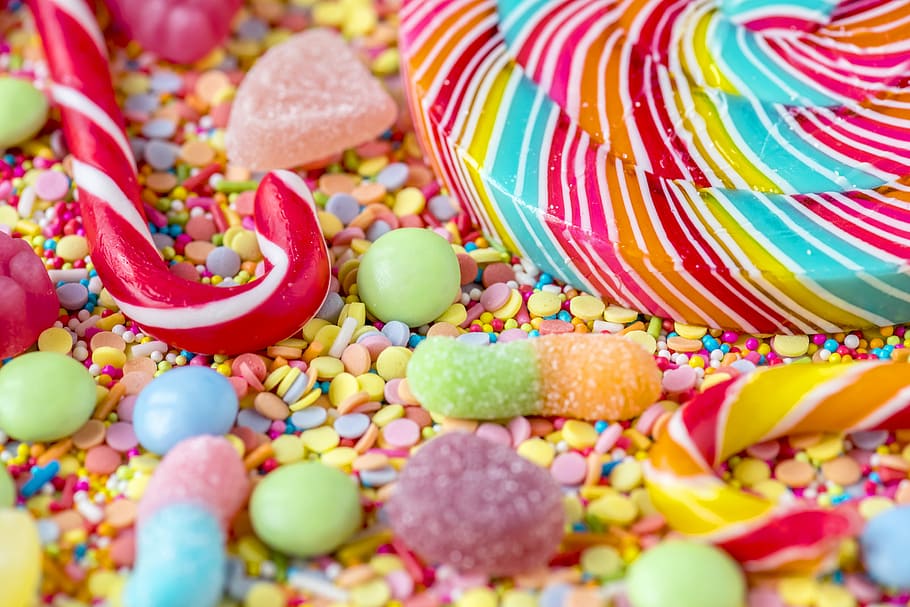 photo of candies, candy, treat, sweet, junk, stripe, unhealthy, HD wallpaper