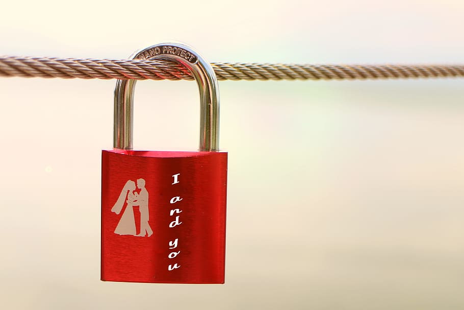 Red Padlock, chrome, close-up, metal, silhouette, steel cable HD wallpaper