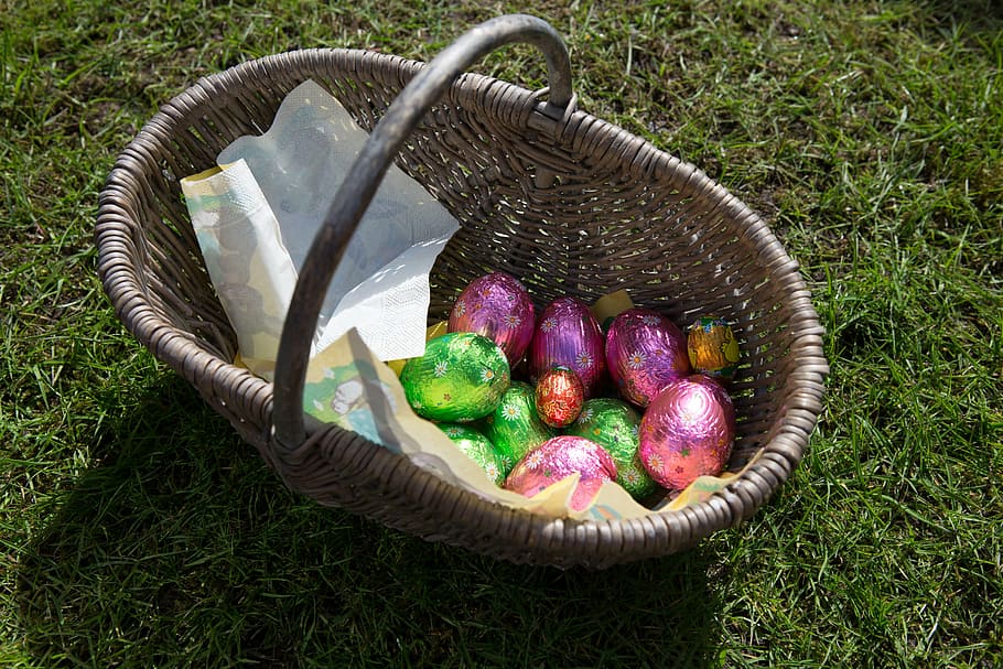 easter, easter egg, ij, eggs, purple, green, basket, container HD wallpaper