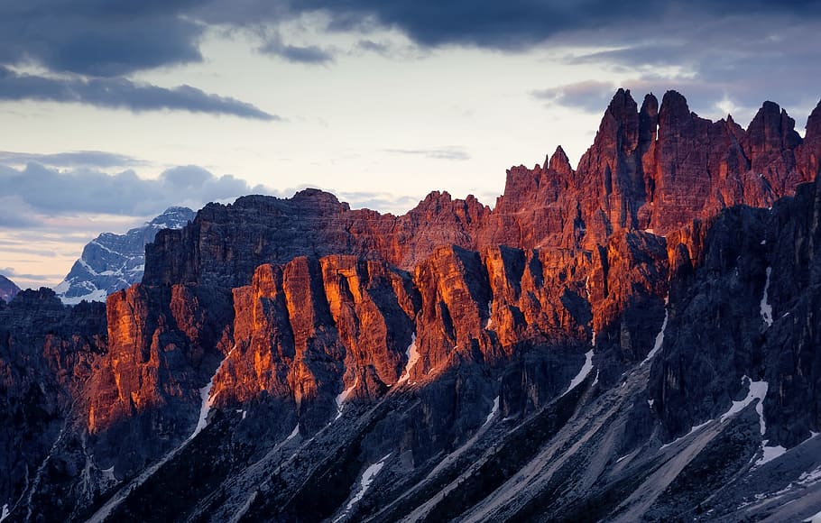 brown Mountain ranges during Sunset, dolomites, italy, summer, HD wallpaper
