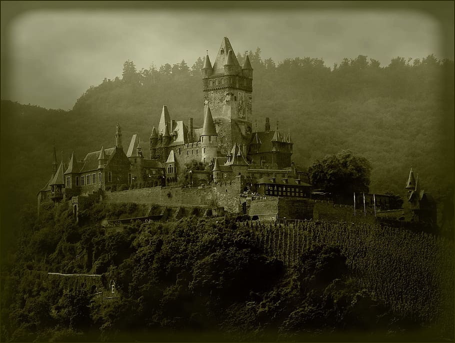 grayscale photo of castle, architecture, wall, towers, fortress HD wallpaper