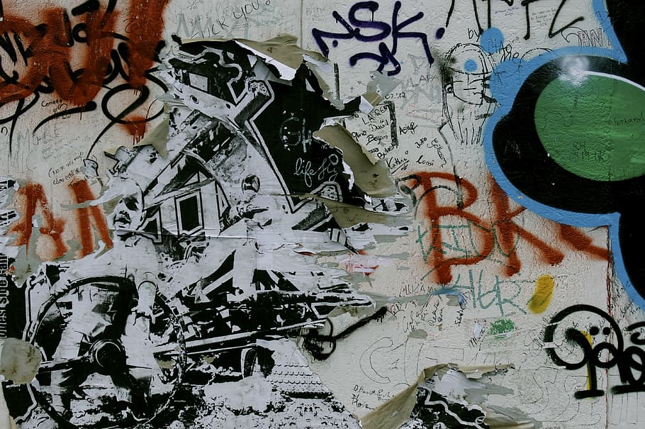 berlin wall, sprayer, graffiti, grunge, graphically, background, HD wallpaper