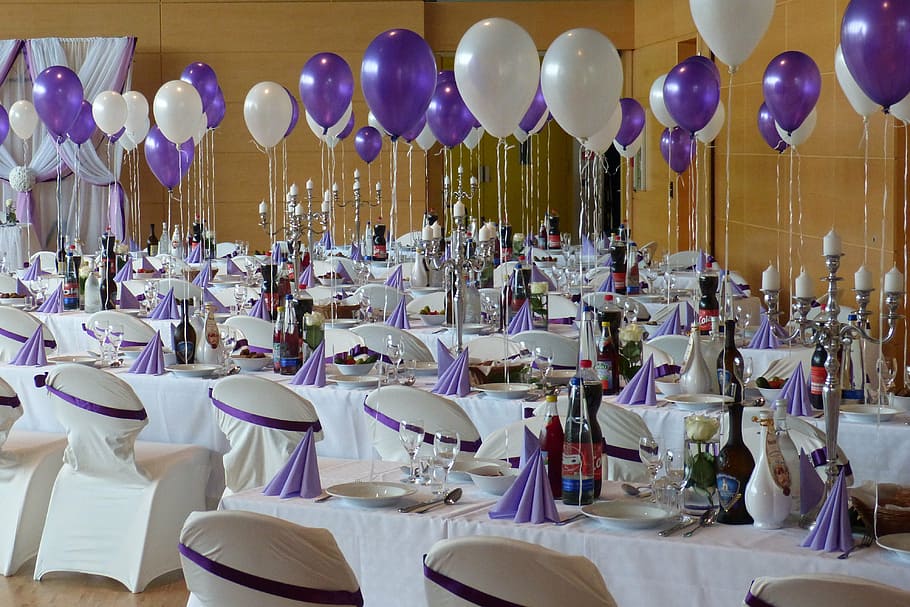 multicolored white-and-purple table-and-chairs, wedding table HD wallpaper