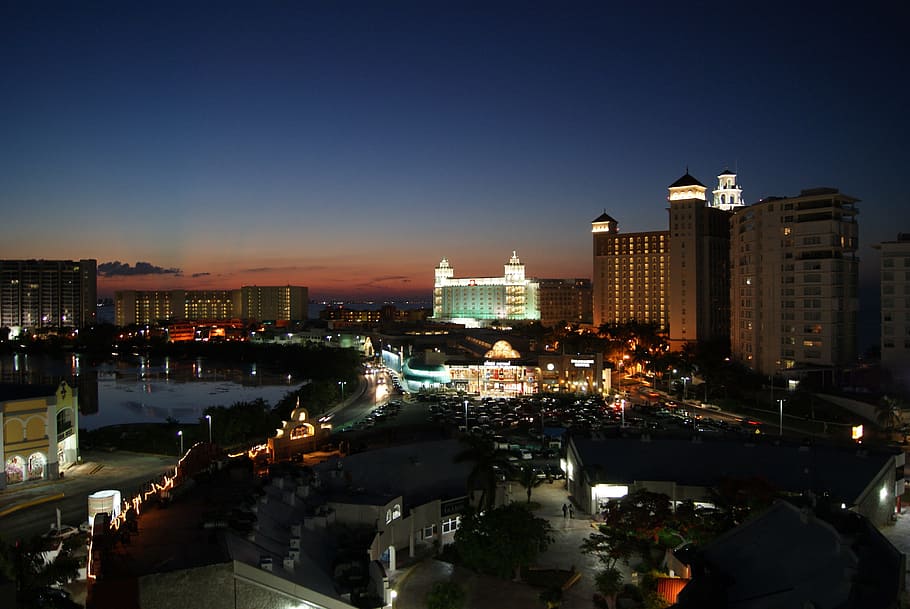 aerial photography of buildings during nighttime, Sunset, Cancun HD wallpaper