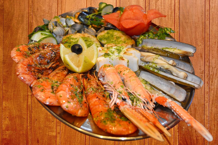 crayfish, king prawns, clams, food, food and drink, seafood HD wallpaper