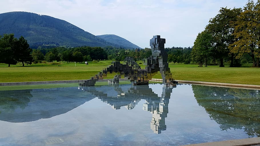 sculpture, art, water, reflection, metal, mirroring, mountain HD wallpaper