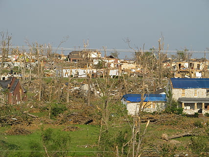 bare trees near houses during daytime, tornado, destruction HD wallpaper